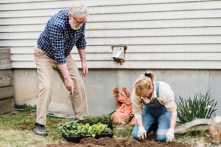 Full body of elderly male pointing at plants while female gardener preparing soil for planting in garden