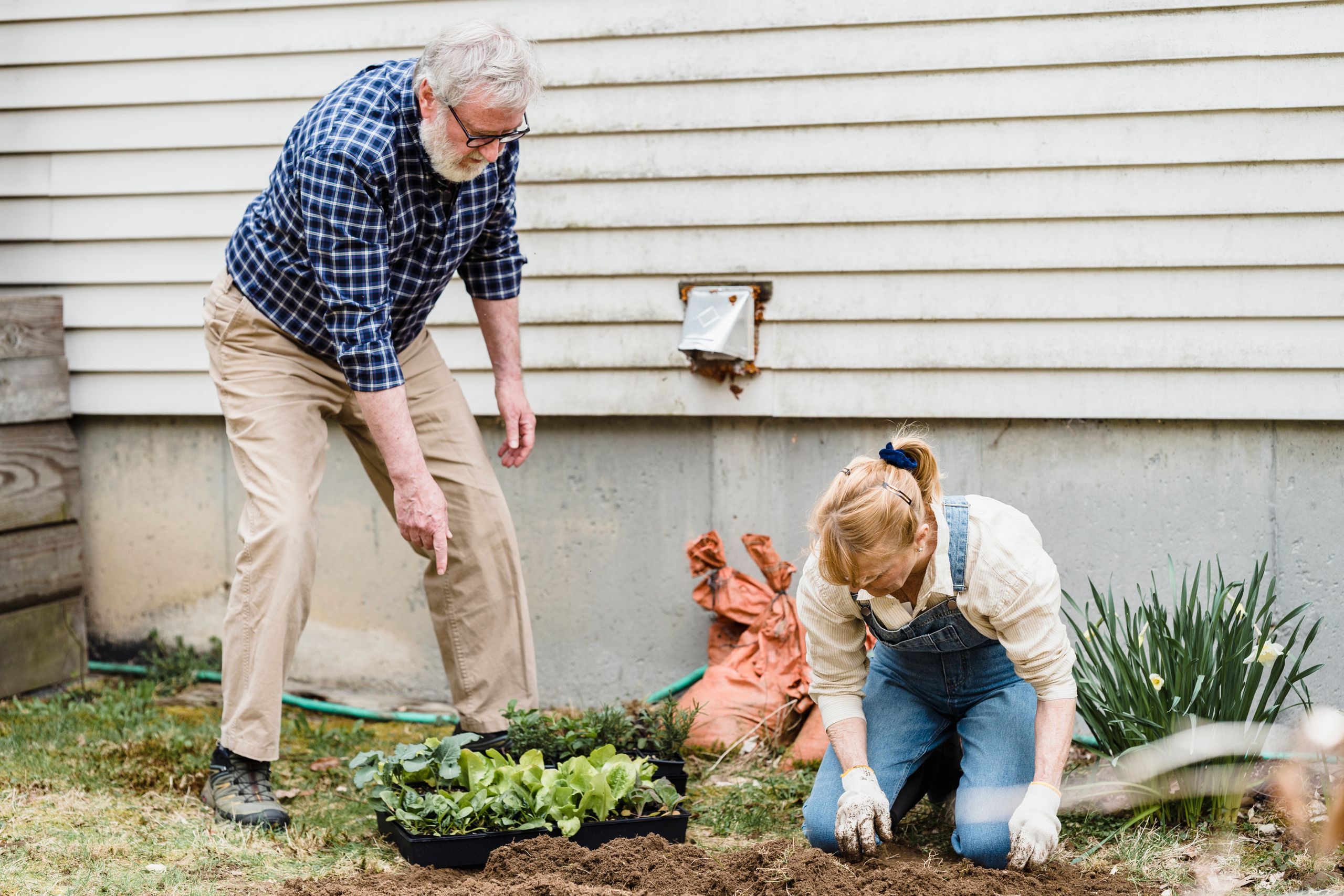 Full body of elderly male pointing at plants while female gardener preparing soil for planting in garden